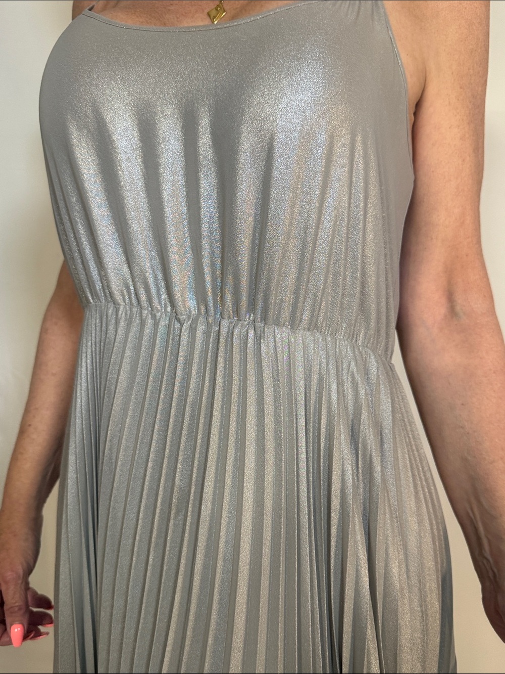 ALLSAINTS SILVER PLEATED MAXI DRESS SZ L - Picture 4 of 8